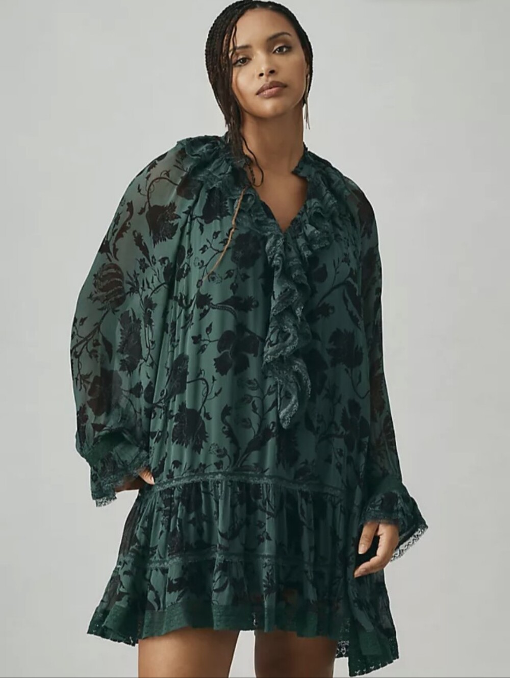 Green Floral Ruffle V-Neck Dress